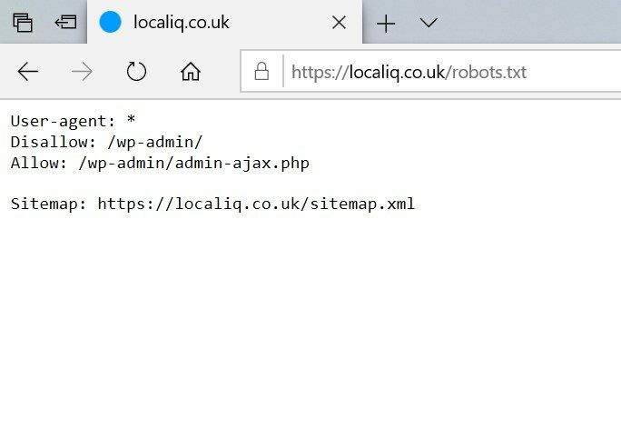 Example of the LOCALiQ Uk website's robots.txt file 