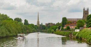 View of the river Severn in Worcester, England, with cathedral in background