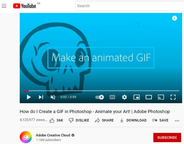 Example of Adobe's how-to create a GIF in photoshop Youtube video