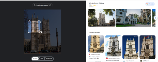 Using Google Lens for search of westminster abbey