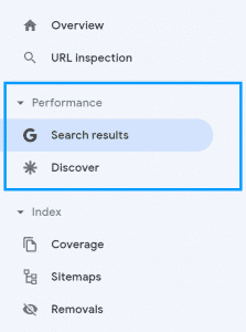 snip from Google Search Console highlighting the performance tab