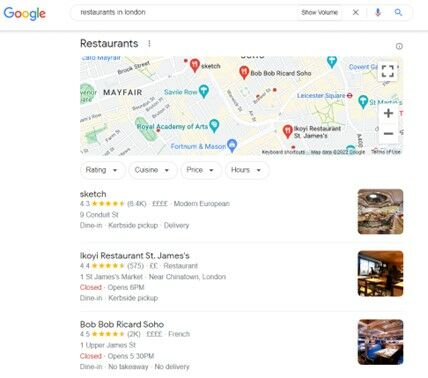 Example of Google search restaurants in London