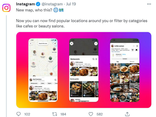 Instagrams Twitter post - New map, who dis? Now you cna find popular locations around you or filter by categories like cafes or beauty salons 