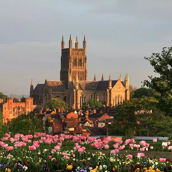 Early morning sun catches Worcester cathedral