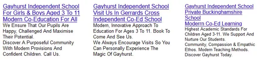 Example of LOCALiQ’s education clients Gayhurst Schools text ads