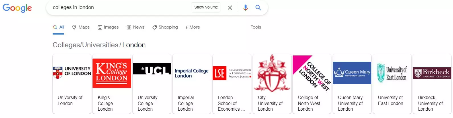 Example of Google search to show local service ads for colleges in london